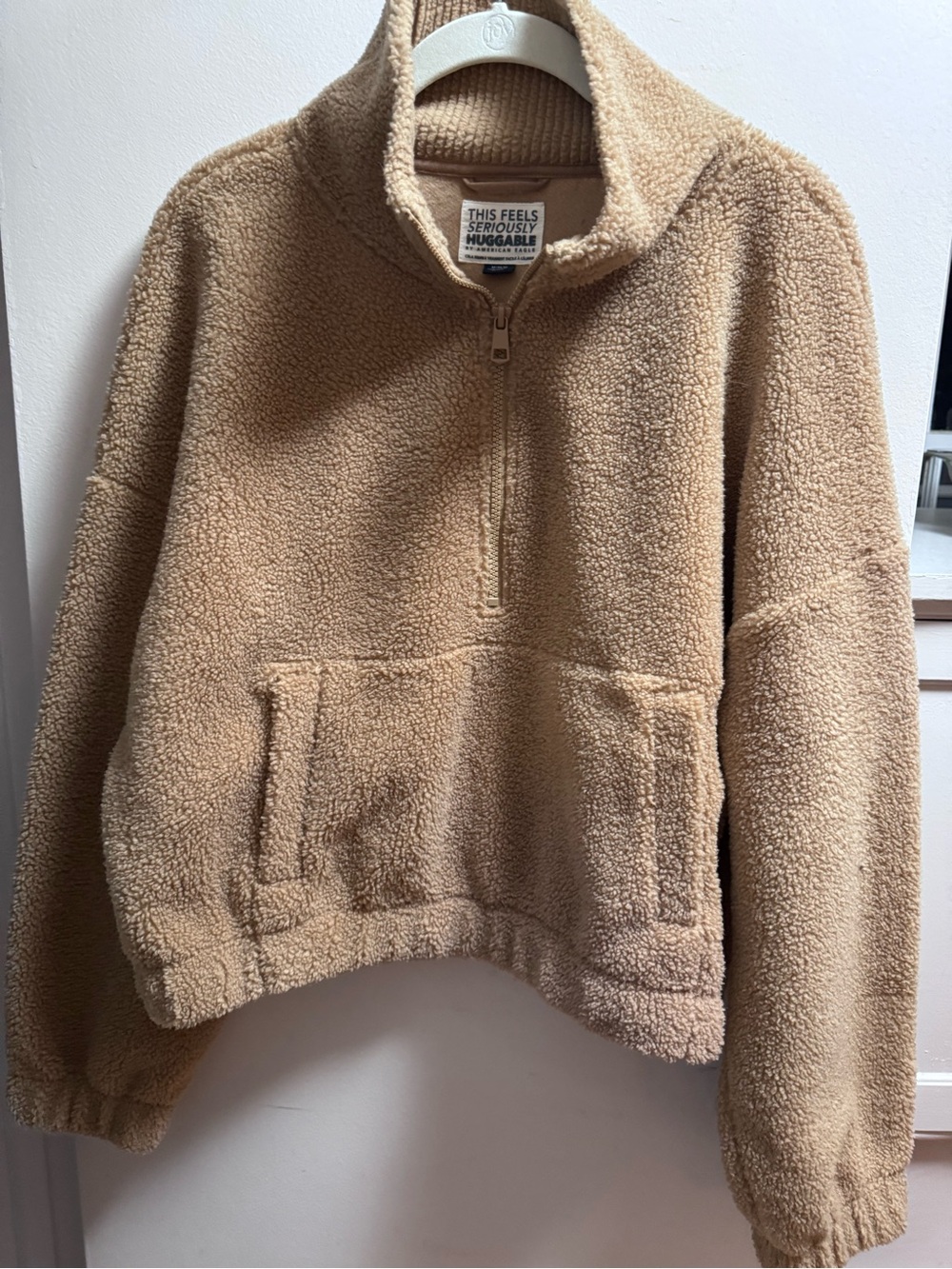 American Eagle Outfitters Plush Sherpa Quarter Zip in Camel Brown